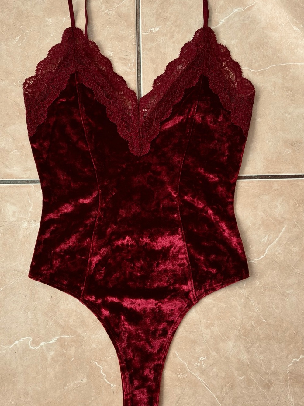 Bozzolo Velvet Lace-Trim Bodysuit in Burgundy